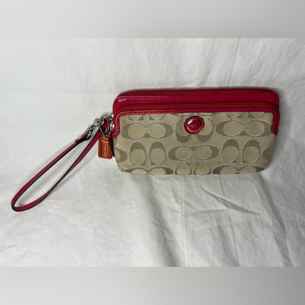 Coach Pink and Tan Signature Wristlet with Hangtag